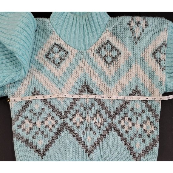 Vintage 1980s Chunky Teal & Grey Metallic Turtleneck Sweater Med/Large - Picture 6 of 8